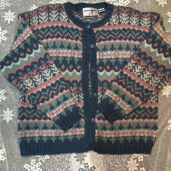 Accordeon Vintage Country Sampler Mohair blend Cardigan Sweater Lg Pastel - Picture 1 of 8
